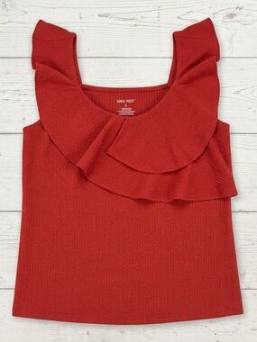 Nine West Red Ruffle Tiered Tank Top Sleeveless V-Neck Blouse Rust Dogwood Small